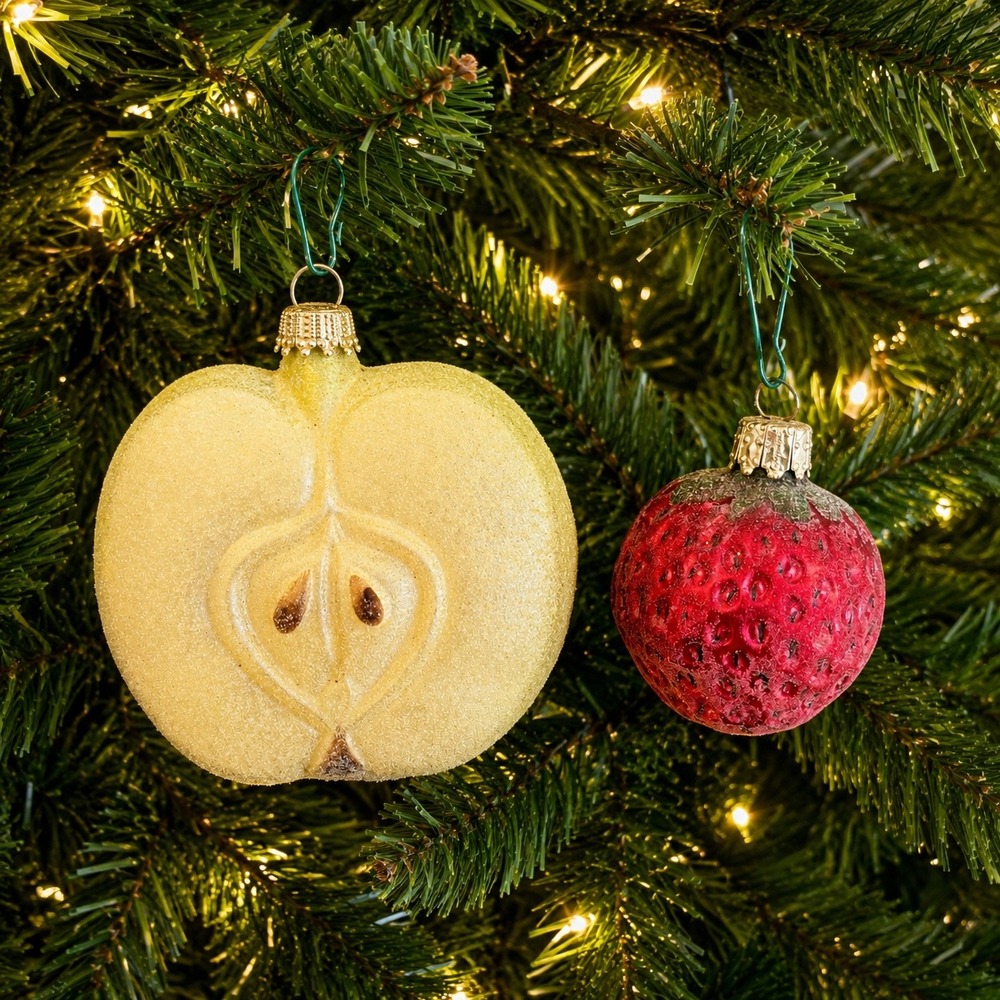 Pair German Glass Sugared Ornaments Krebs Sliced Apple Christborn  Strawberry